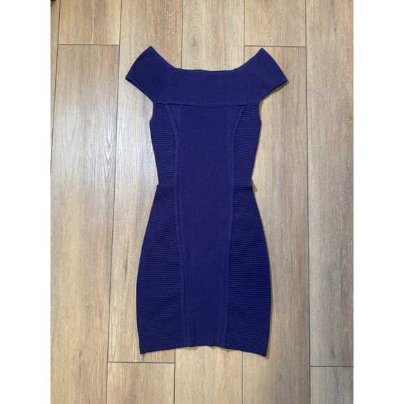 BEBE Y2K Vintage Deep Purple Bandage Mini Dress Off Shoulder Clubbing Bodycon S - Picture 2 of 16